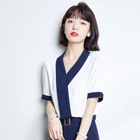 v neck short sleeve white color summer blouses for women 2022 new design korean fashion office lady shirts for casual and work