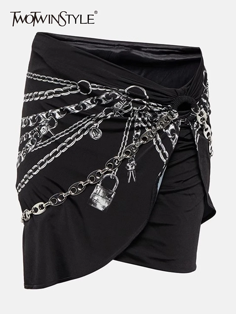 

TWOTWINSTYLE Casual Spliced Chain Skirts For Women High Waist Patchwork Folds Summer Chic Mini Skirt Female Fashion Clothing New