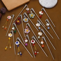 12pcslot random mix flower tassels hair sticks women chinese style hanfu beads pendant hair clip vintage sticks silver color