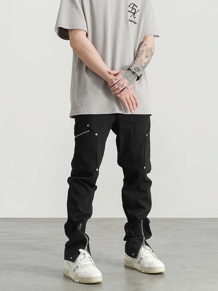 Men's Jeans High Street Multi Pocket Zipper Design Jeans Men's Hip Hop Black Slim Pants Hot Selling Boyfriend Jeans Four Seasons