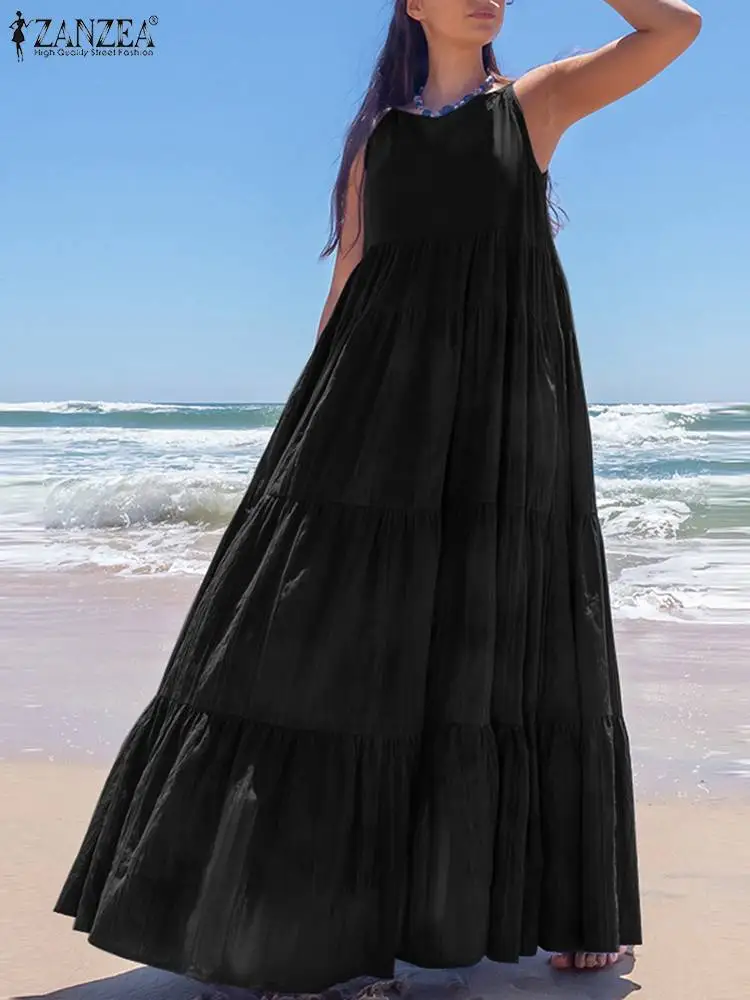 

Женский праздничный пляжный сарафан ZANZEA, длинное платье на бретелях-спагетти, повседневные свободные плиссированные платья макси, многослойные модные большие размеры