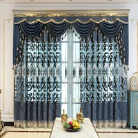 europe luxury dark blue chenille curtains for living room bedroom study beige thread blue velvet embroidered valance curtains