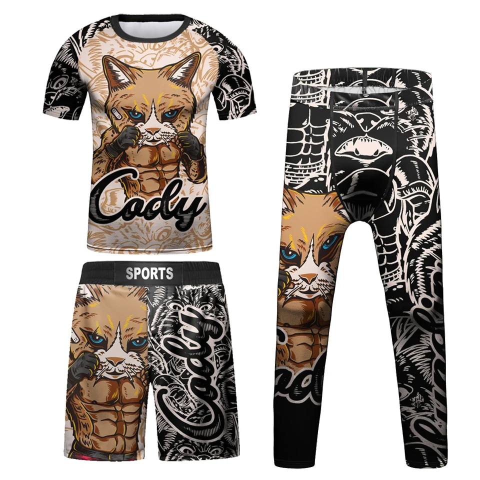 Фото Детские комплекты из футболки и штанов для занятий кикбоксингом Bjj Rashguard Jiu детские шорты для занятий в тренажерном зале для мальчиков Одежда для ММА компрессионные колготки №3