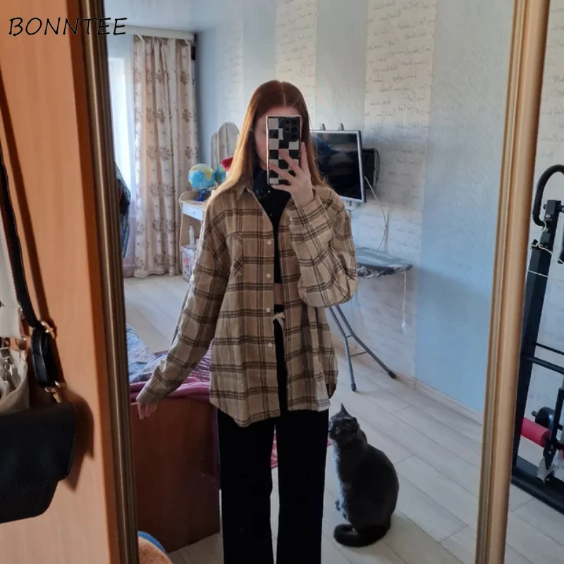Винтажные рубашки женские с клетчатыми карманами популярная верхняя одежда