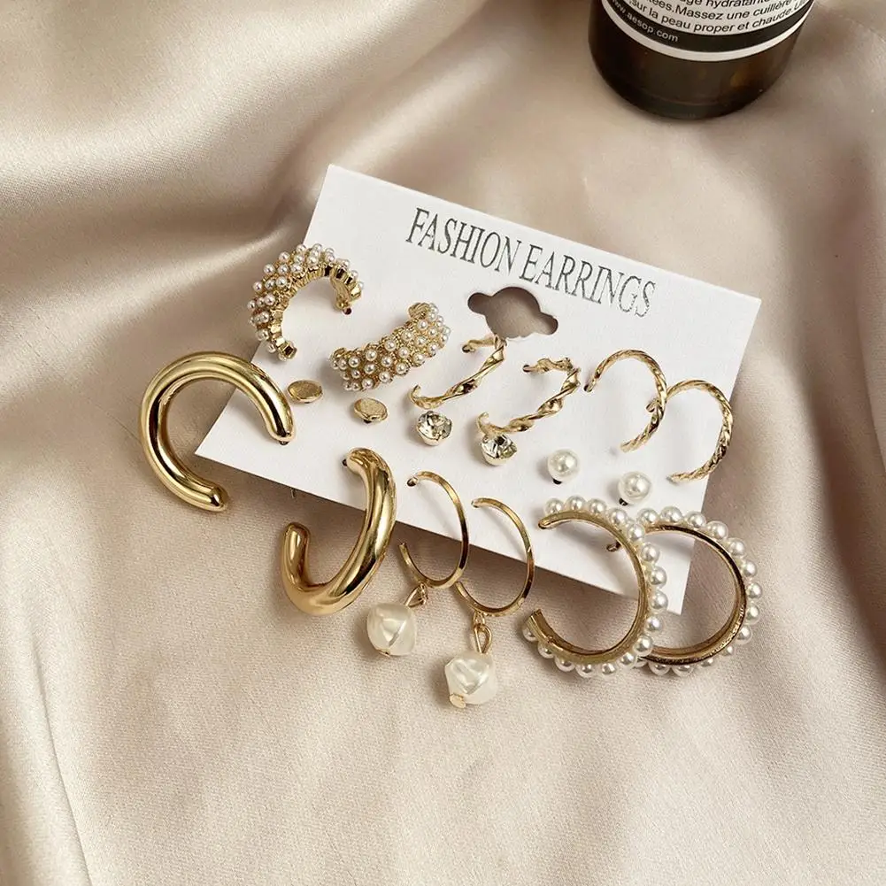 Серьги-гвоздики женские металлические с жемчугом 9 шт.