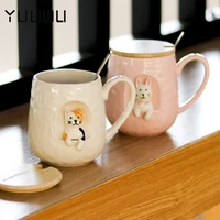 430ml cute animals relief ceramics mug with lid and spoon coffee milk tea handle cup novelty gifts funny coffee cups