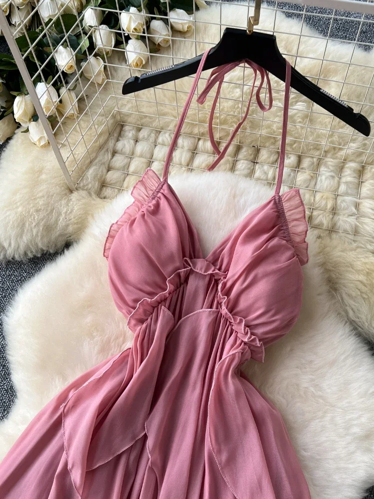 Летнее однотонное милое длинное платье для отпуска женское дизайнерское на