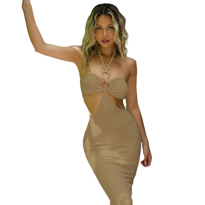 

Summer new women's wear straps hanging neck sexy hollow fashion high waist pullover hip slim dress free shipping
