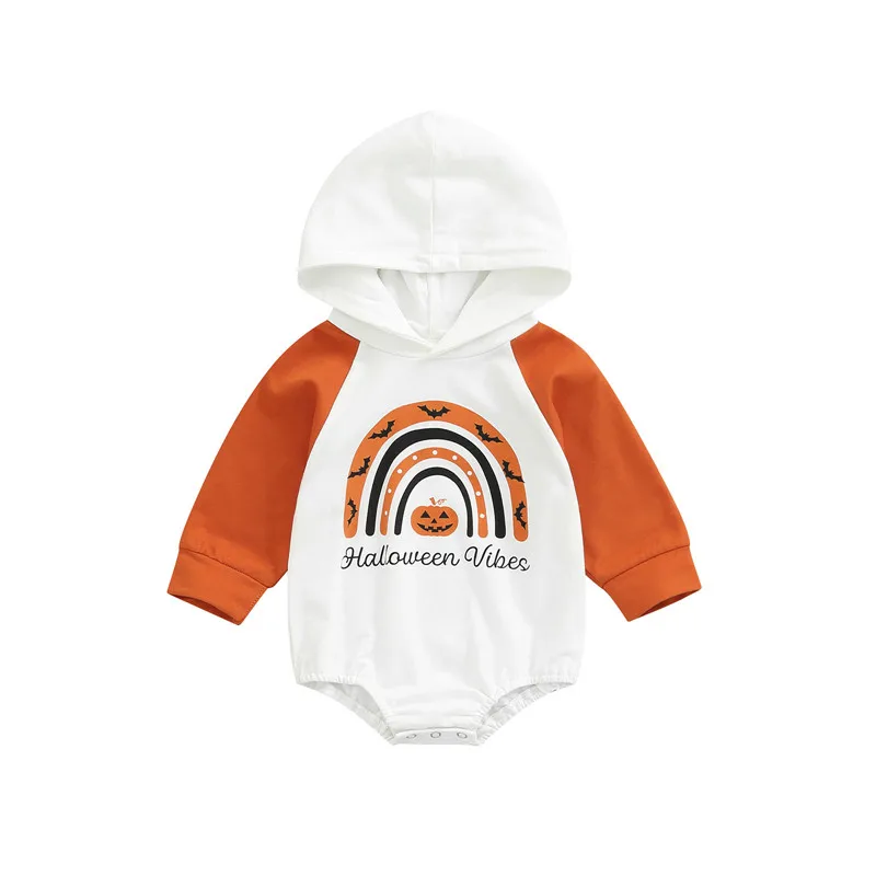 

Baby Halloween Romper 3Month-3Years Rainbow Pumpkin Print Long Sleeve Hooded Bodysuit Casual Infants Halloween Costume