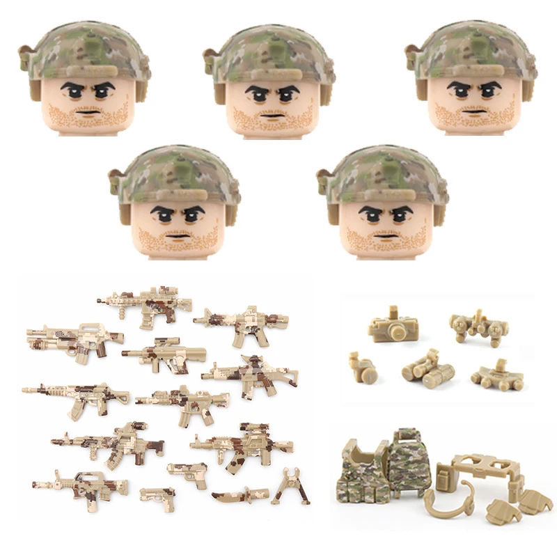 

Modern Military Army Desert Soldiers Figures Helmet Building Blocks US Special Forces Camouflage Vest Gun Weapon Part Bricks Toy