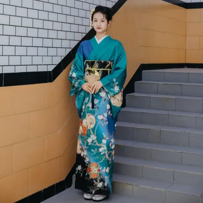 

New Women Formal Robe Japanese Improved Kimono Traditional Dress Green Vintage