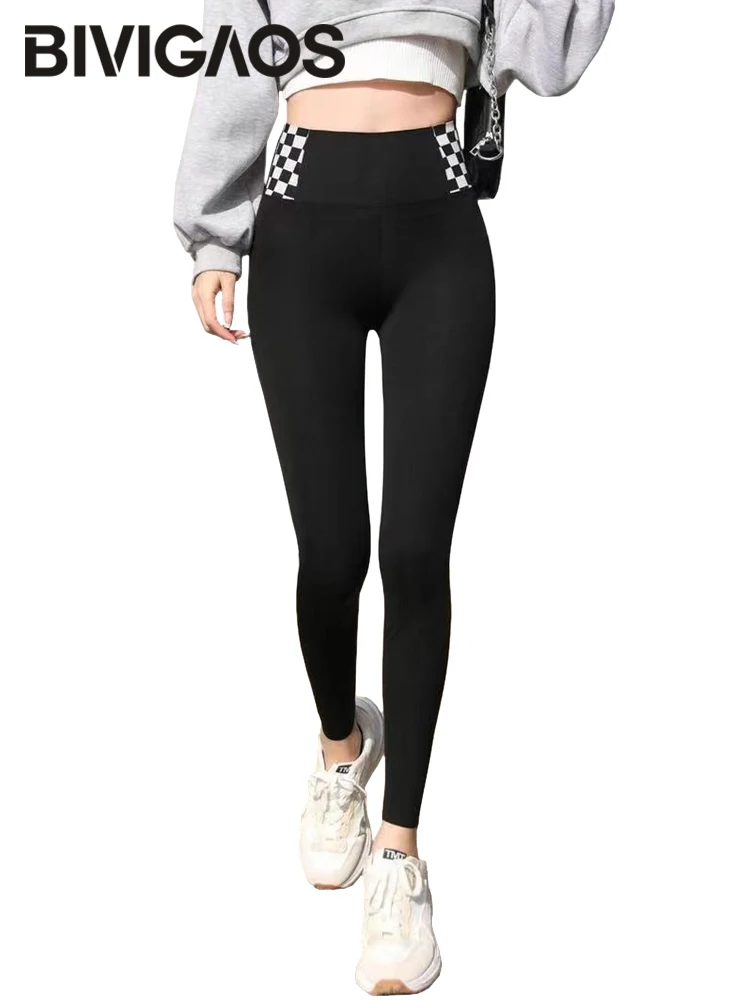 

BIVIGAOS Spring New High Waist Black White Plaid Sharkskin Leggings Women's All-Match Slim Shark Pants Korean Fitness Leggings