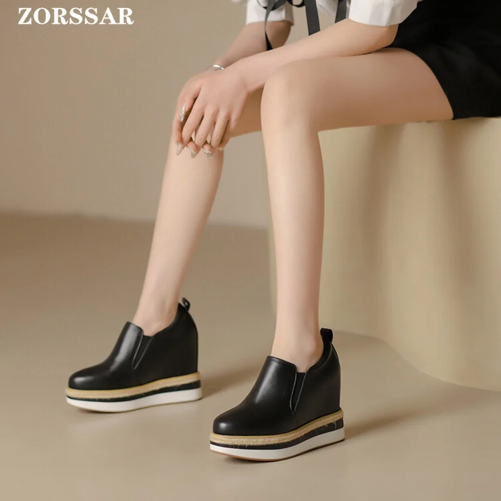 Женские кроссовки на танкетке из натуральной кожи 12 см повседневные дышащие