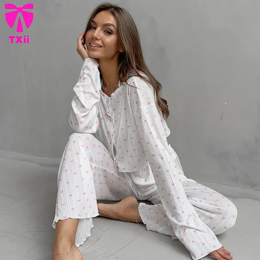 TXii Новые вязаные длинные брюки с длинными рукавами и принтом Love ночное белье для