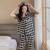 Satin ice silk lovers pajamas sets women men Couples sleepwear short sleeve quality black plaid pyjamas 99180