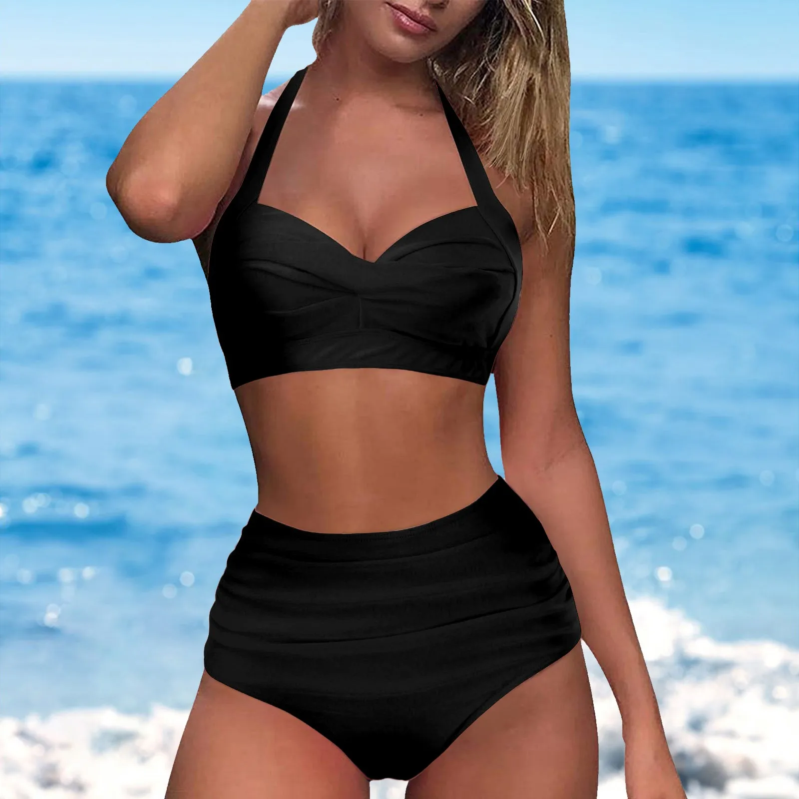 Женский купальник с высокой талией пикантный бикини разрезом и запахом на чашках