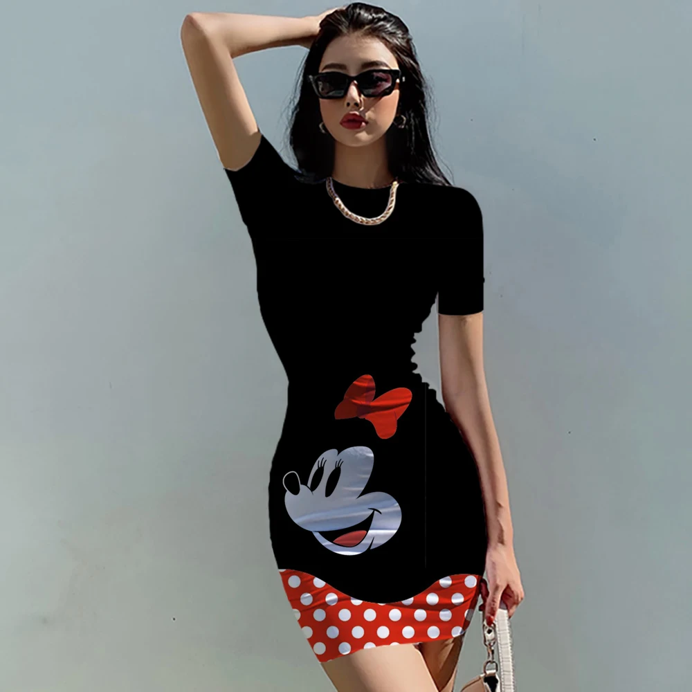 Disney Mickey Mouse Woman Dresses Elegant Dress Office Tight Slim Lady O Neck Summer Casual Cartoon 3D print Mini Dress Vestidos