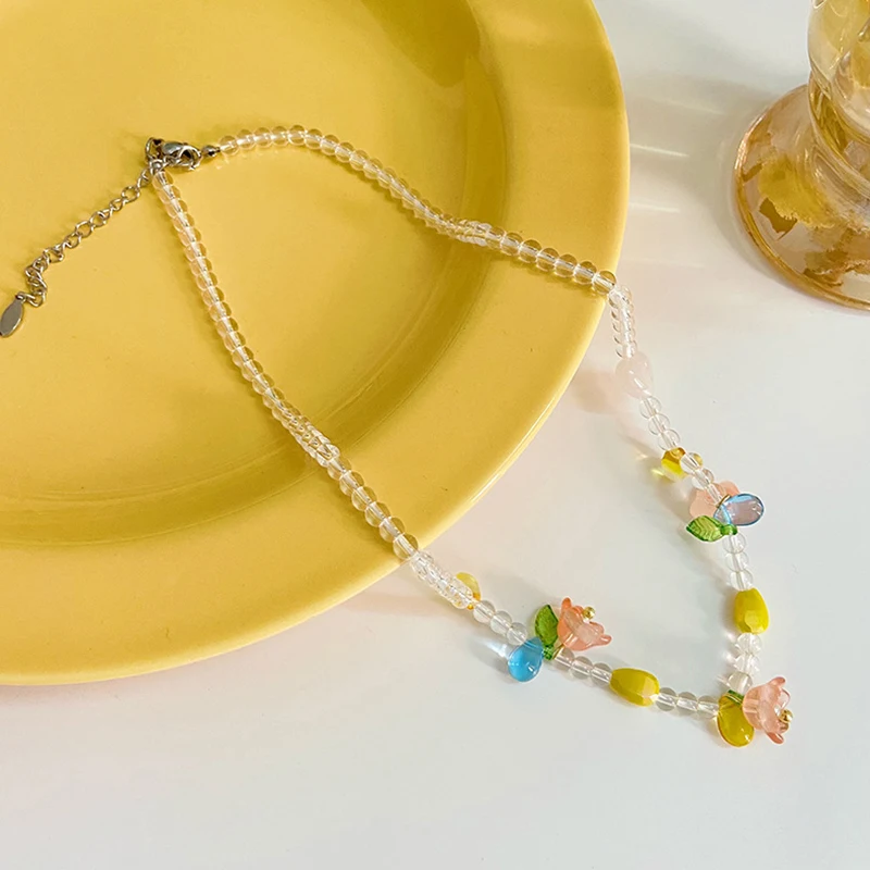 

Flower Bead Choker INS Colorful Crystal Necklace Women Clavicle Chain Choker Cute Teen Girl Party Summer Jewelry Trendy Collares