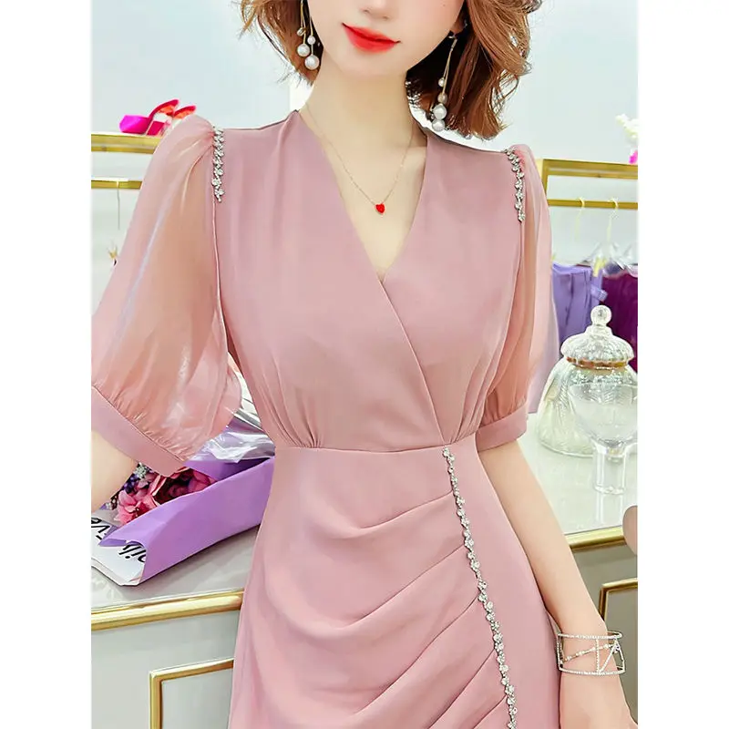 2024 летнее женское платье с V-образным вырезом женские платья коротким рукавом