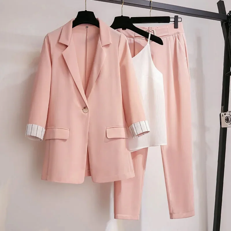 2023 New Spring Plus Size Korean Elegant Women's Suit Female Blazer Leisure Pants Tweed Suit Jacket Three Piece Jacket Pants Set