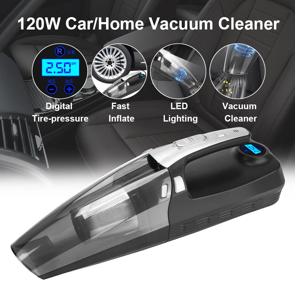 

Car Vacuum Cleaner 12V 120W Handheld Inflator Pump High Suction with LED Light 4 in 1 with Digital Display Car Accessories