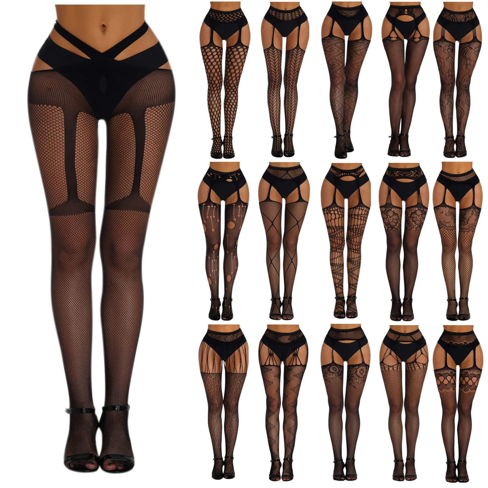 

Пикантные сетчатые чулки для секса, Прозрачное нижнее белье, женские нейлоновые чулки до бедра с подвязками, Колготки с открытой промежност...