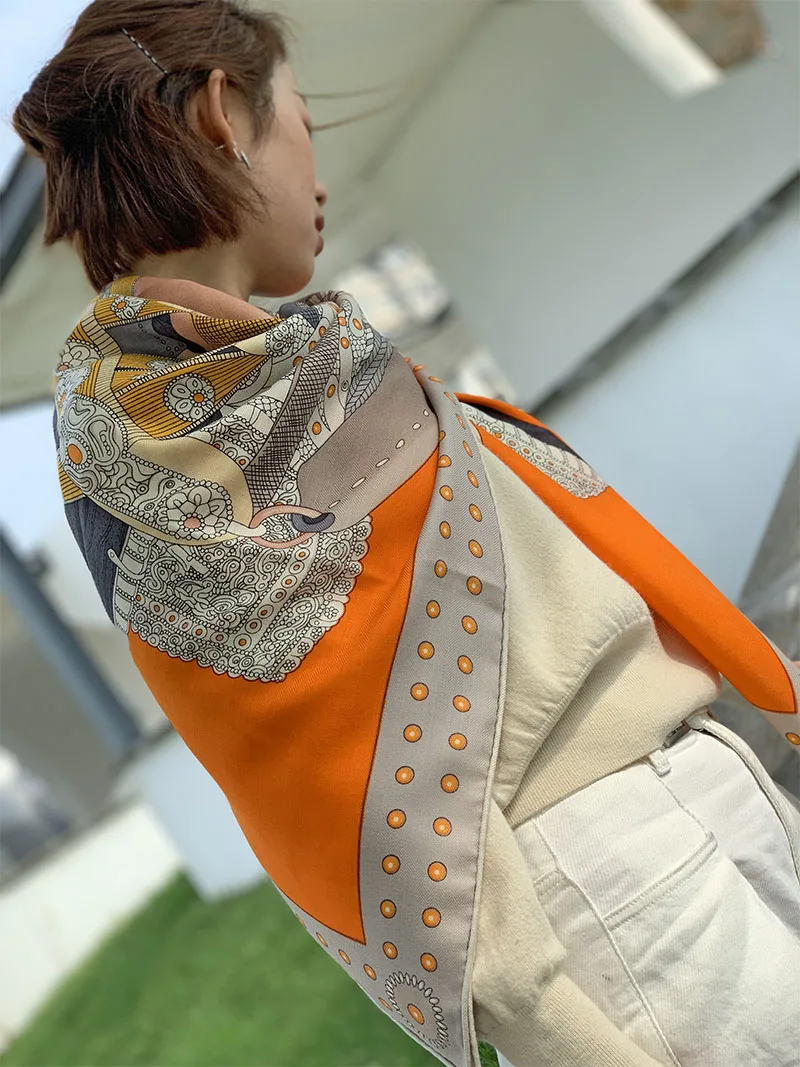 Женский зимний шарф седло из оранжевой шерсти Пашмина большой квадратный 140 см