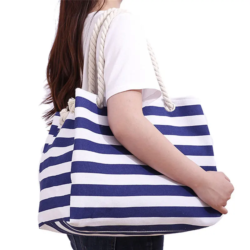 

New Big Stripe shoulder handbags shopping bag beach handbag new fashion canvas bag wild rough twine striped beach bag drop ship