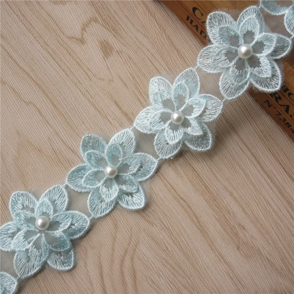 1 ярд синий цветок жемчуг вышитая бисером кружевная отделка женская одежда
