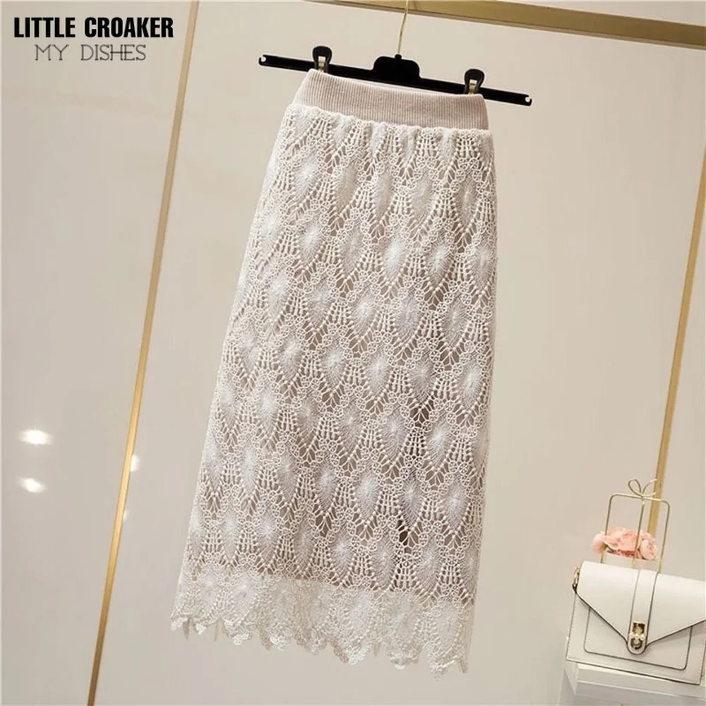 

Lace Womens Double-sided Chain Link Flower Lace Knitted Bag Hip Skirt Mid-length Trendy Knitted Skirt Autumn and Winter Faldas