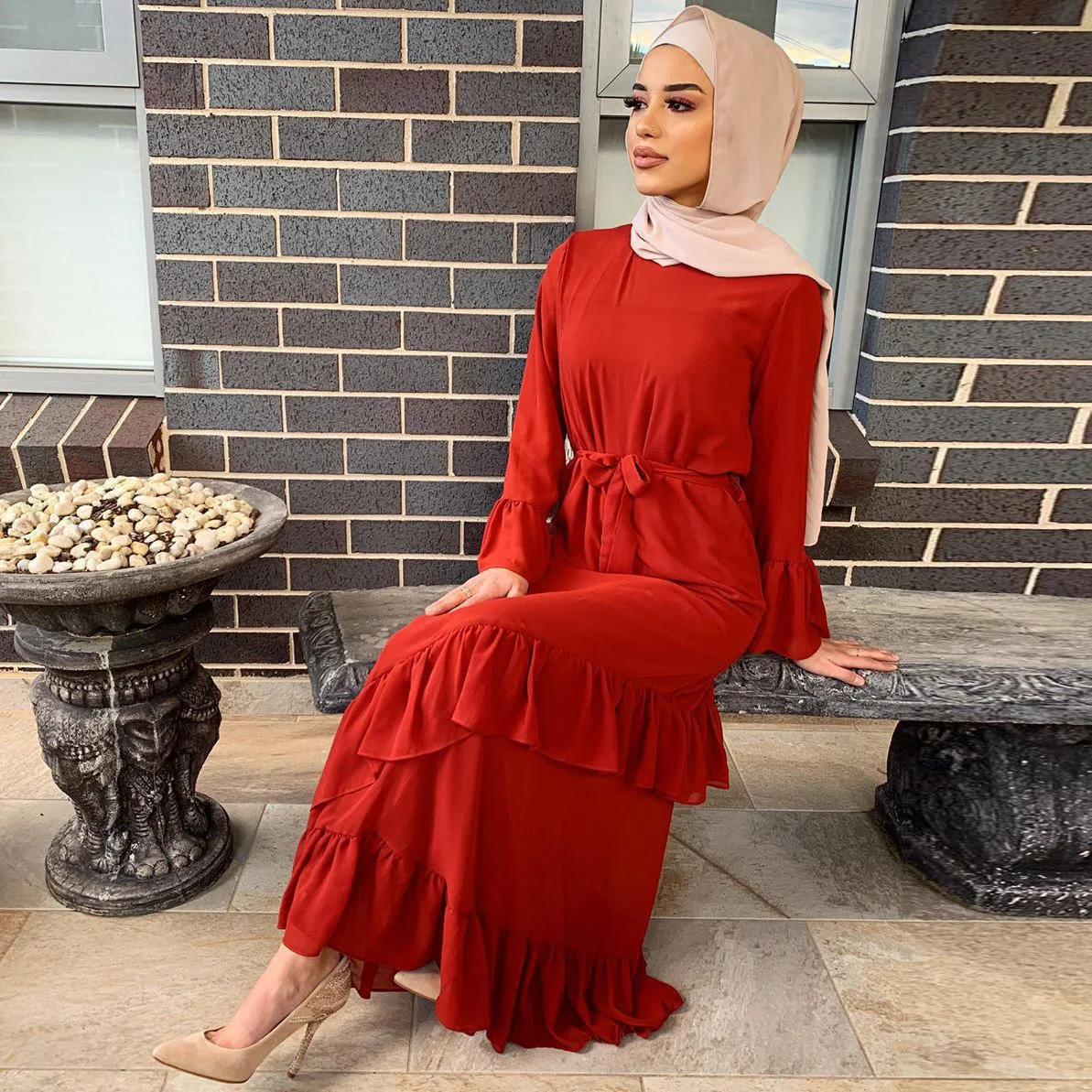 Muslim Fashion Ethnic Long Dress with Ruffle Edge Panel Flare Sleeve Kaftans for Women Muslim Dress Modest Hijab Dress Abayat