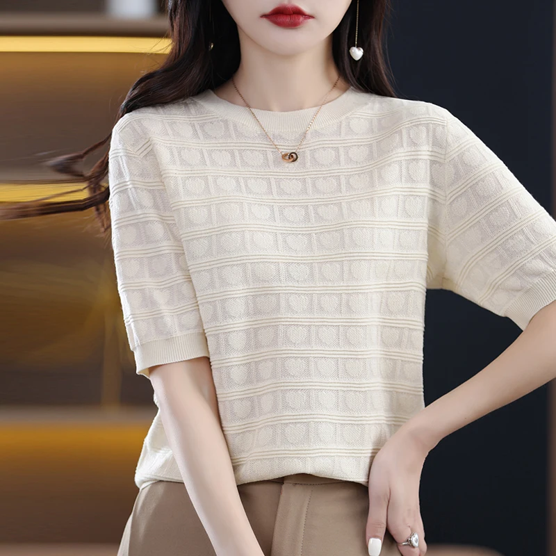 

Soft Lightweight Women's Short Sleeve Knit Top With Heart And Plaid Shadow Pattern Design Knitwear Pink White Cream Summer Wear