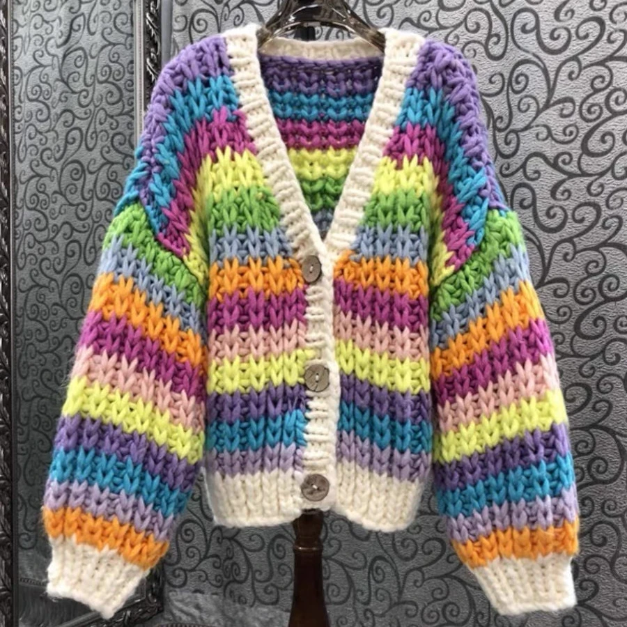 

Autumn Winter Women Rainbow Striped Contrast Color Handmade Crocheted Sweater Coat Long Lantern Sleeve Slouchy Loose Knitwear