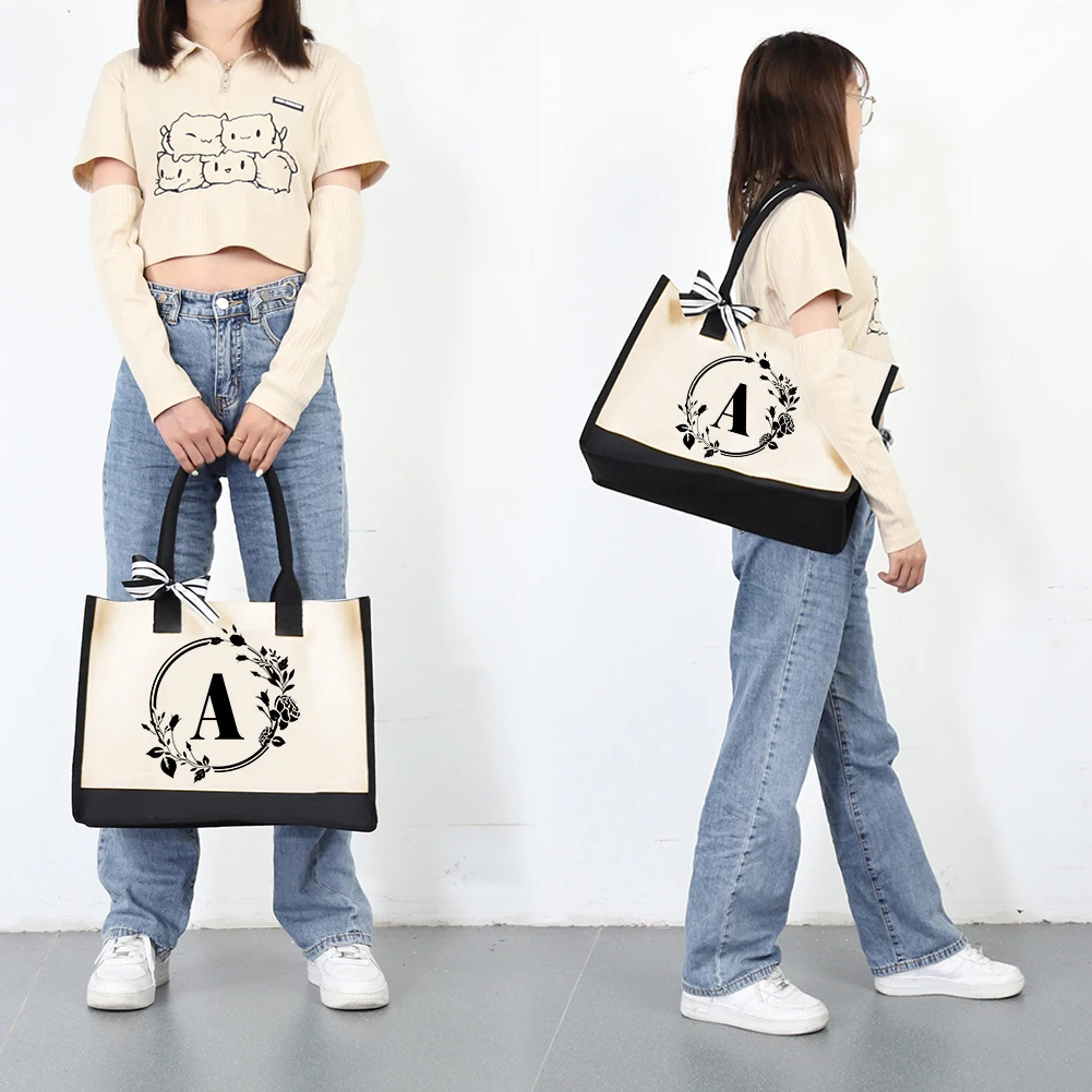 

Canvas Tote Shoulder Bags Alphabet Letters Flower Hit Color Simple Fashion Portable Shopping Handbags Travel Picnic Storage Bag