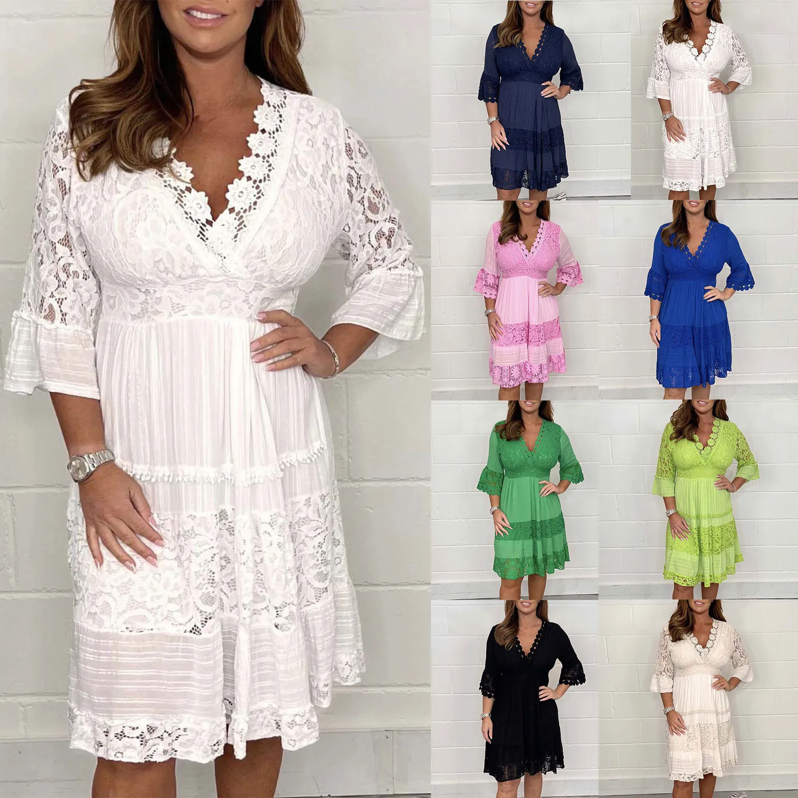 

Женское кружевное Удобное повседневное однотонное платье-карандаш с высокой талией и V-образным вырезом