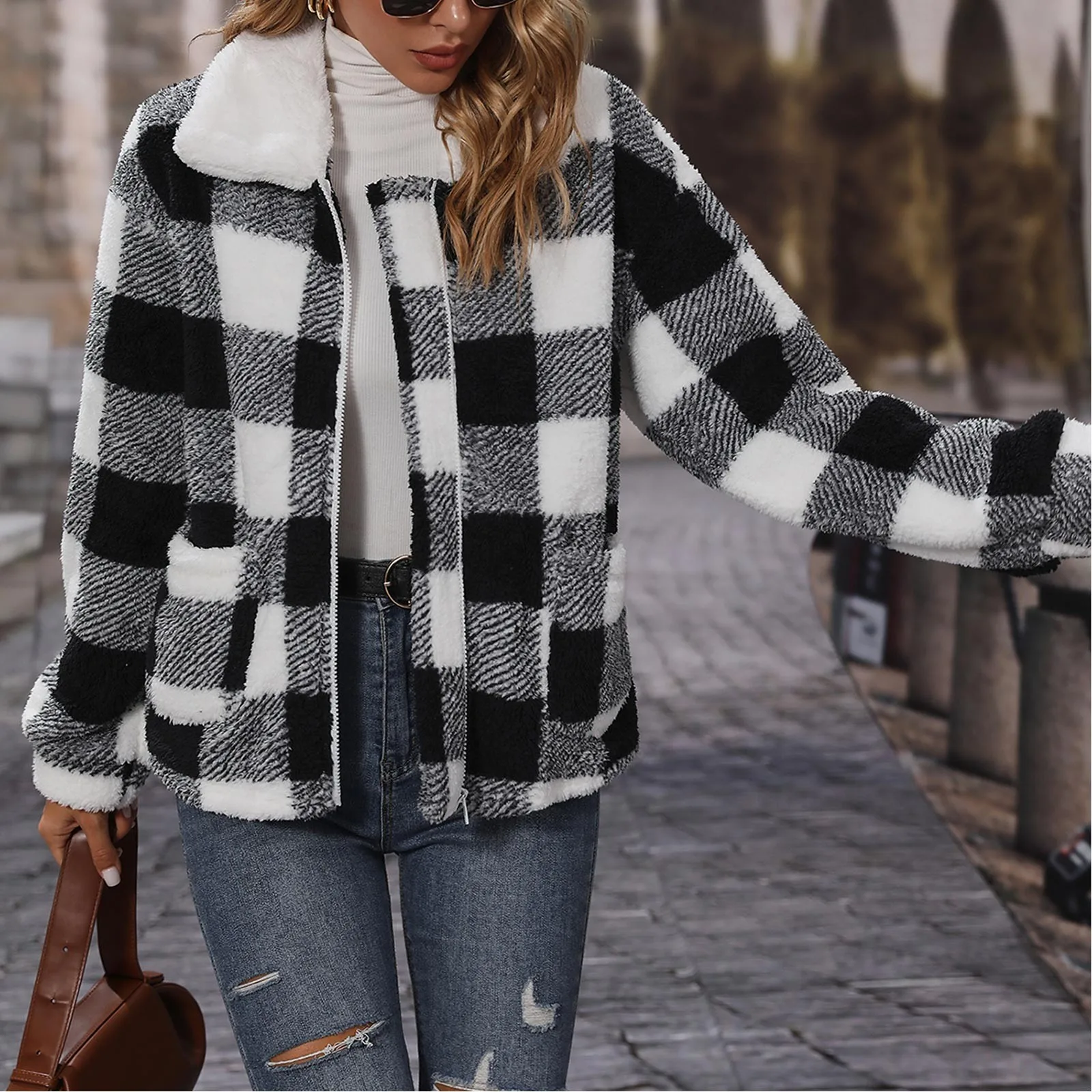 

Женское пальто, осенне-зимняя новая модная двухсторонняя плюшевая Женская куртка в клетку с рисунком, повседневная женская одежда