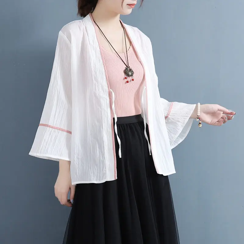 

Retro Summer Cotton And Linen Short Coat Female Loose Tie Chinese Style Trumpet Sleeve Hanfu Cardigan Tea Clothes Top Shawl 1341