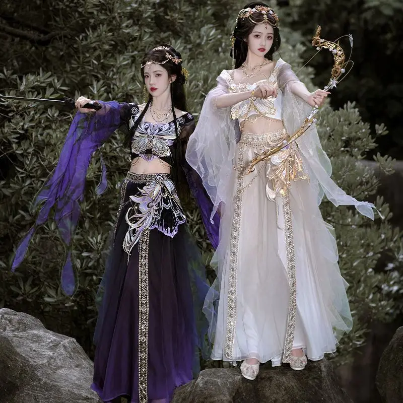 Фото Женское традиционное платье Hanfu с вышивкой, карнавальный костюм Hanfu для Хэллоуина, фиолетовый и бежевый костюм Hanfu №5