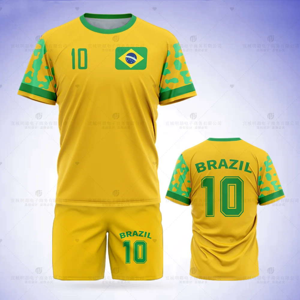 2023 Summer New Brazilian Football Printed T-shirt Set, Flag Printed Shorts, Yellow Tennis Jersey, Team Uniform