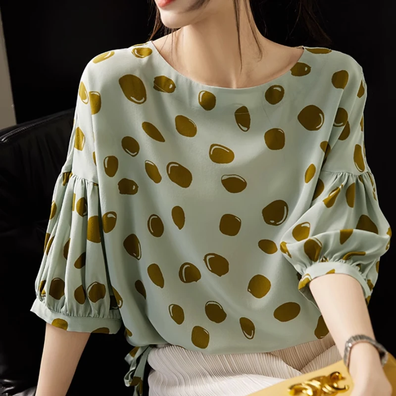 

Summer O-neck Lace-up Puff Sleeve Shirt Office Lady Vintage Dot Print Blouse Silk Tops Loose Clothes Elegant Blusas New 28022