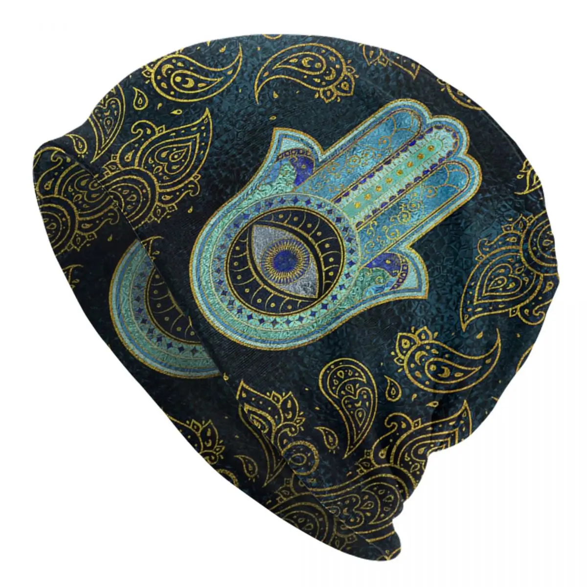 Decorative Hamsa Hand With Paisley Background Adult Men's Women's Knit Hat Keep warm winter Funny knitted hat