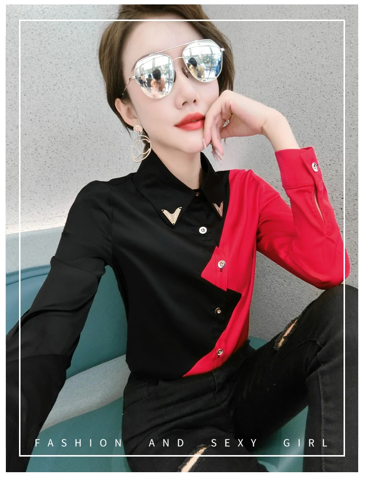 Women's Autumn New High End Temperament Polo Collar Long Sleeve Button Contrast Slim Fit Panel Fashion Versatile Shirt Top