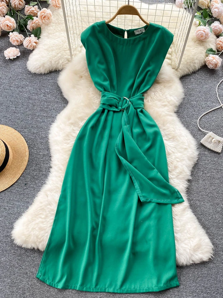 

Fitaylor New Casual Summer Solid Slim Sleeveless Lady Dress A Line O Neck Chiffon Pullover Mid-Calf Women Dresses