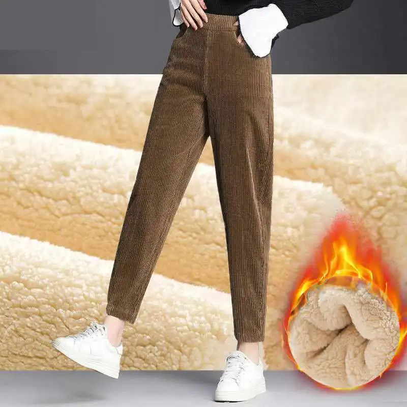 

Plus Size Plus Cashmere Casual Pants Women's Corduroy Warm High Waist Harem Women's Polar Fleece Trousers Streetwear Women