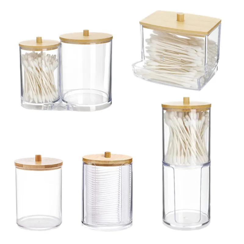 

Cotton Pad Storage Box For Cotton Swabs Rod Cosmetics Jewelry Organizer with Bamboo Lid Repacking Boxes Acrylic Makeup Organizer