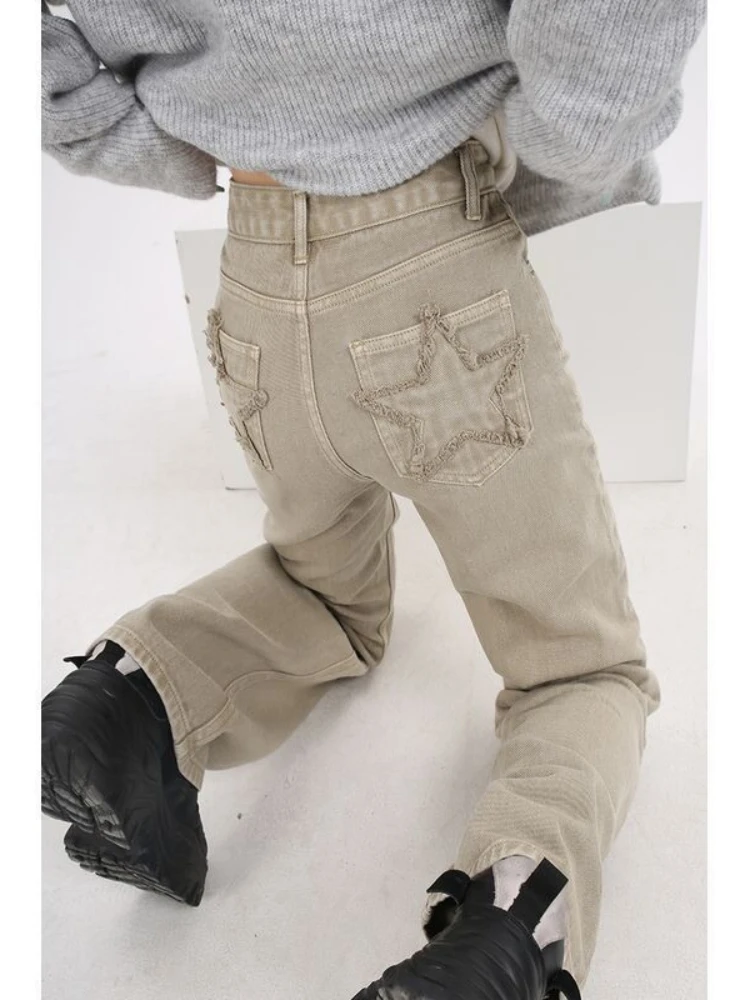 

HOUZHOU Y2K Vintage Khaki Star Jeans Women Korean Style 90s Streetwear Brown Denim Pants Harajuku Hippie Oversize Loose Trousers