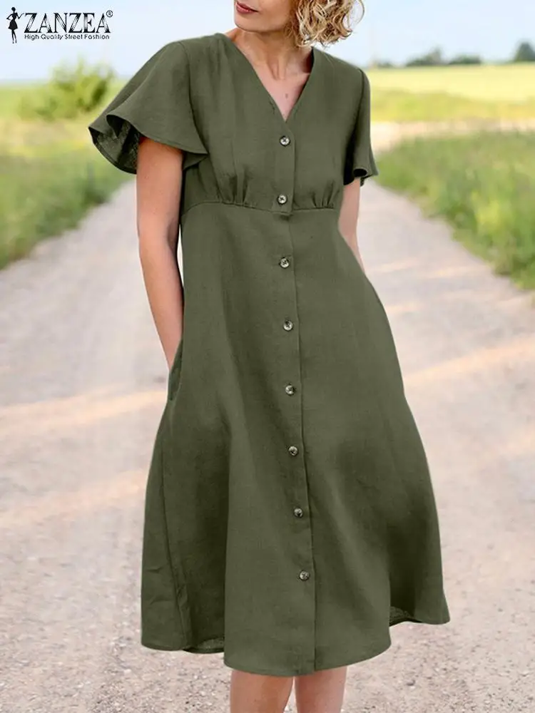 

Fashion Summer Sundress Women Elegant V Neck Short Sleeve Solid Work OL Dress 2022 ZANZEA Casual Loose Shirt Vestidos Robe Femme