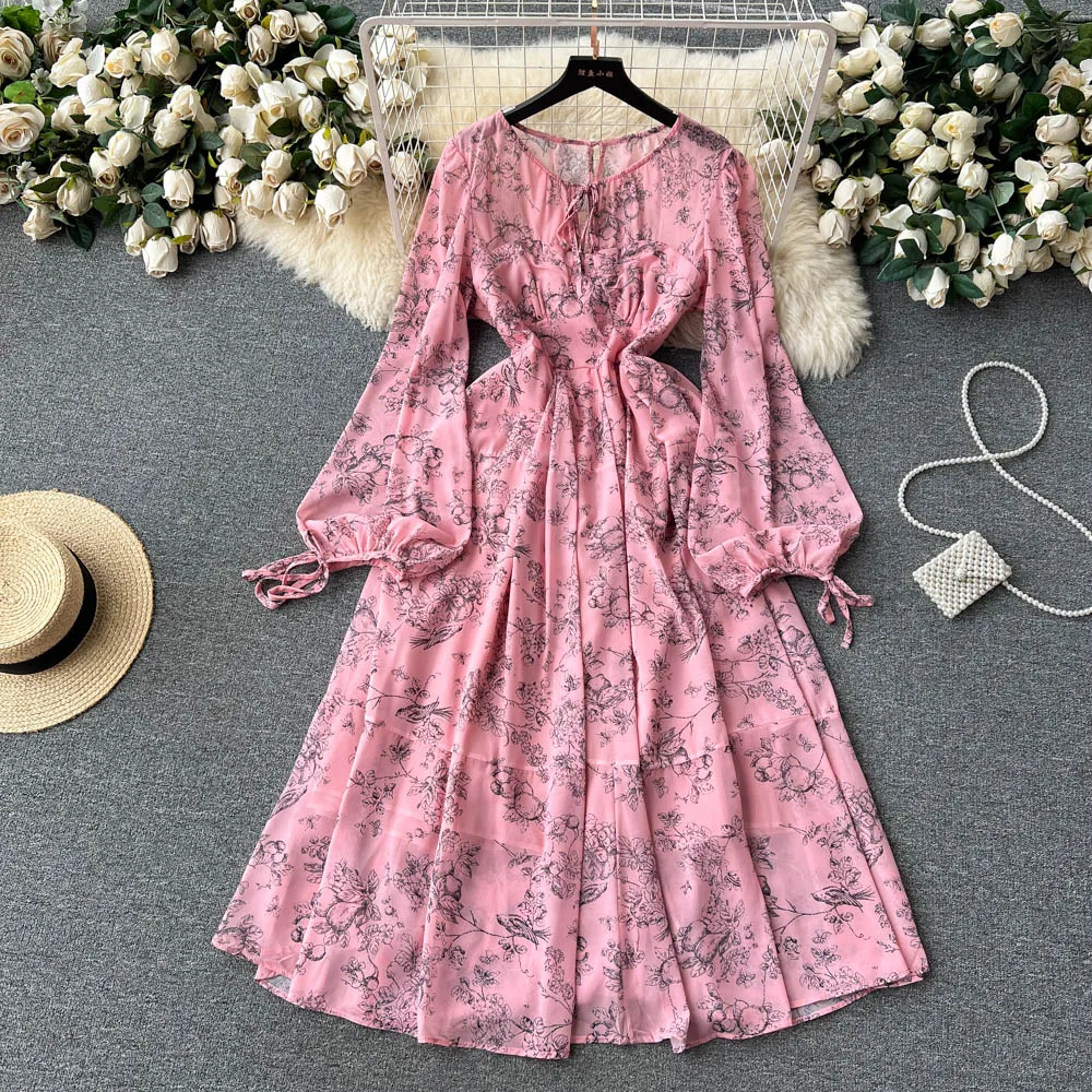 French Summer Chiffon A-line Dress Women New Fashion Round Neck Lace Up Waist Show Thin Long Sleeves Holiday Beach Vestidos L044