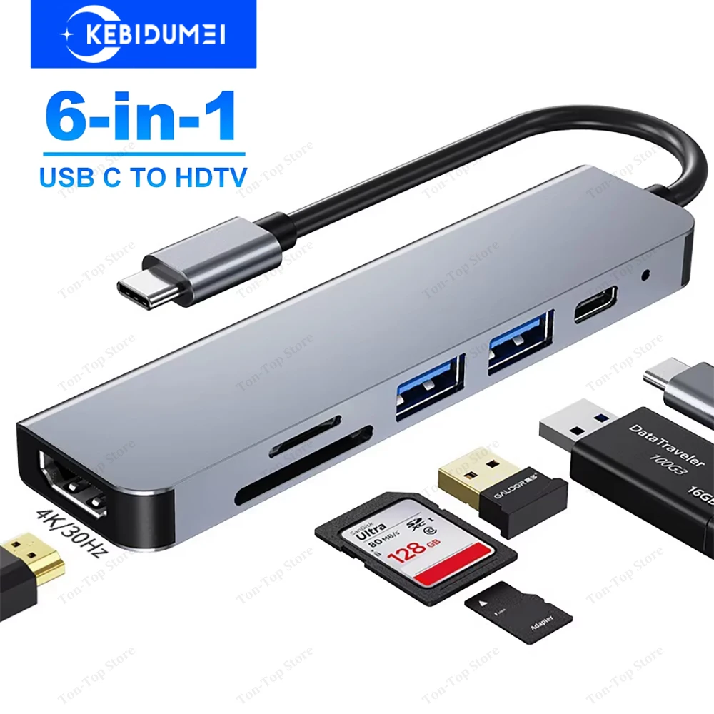 Фото Док-станции 6-в-1 USB C Концентраторы типа C к HDMI 4K HD USB 3.0 SD TF PD 87 Вт USB-разветвитель OTG-адаптер для ноутбука MacBook №1