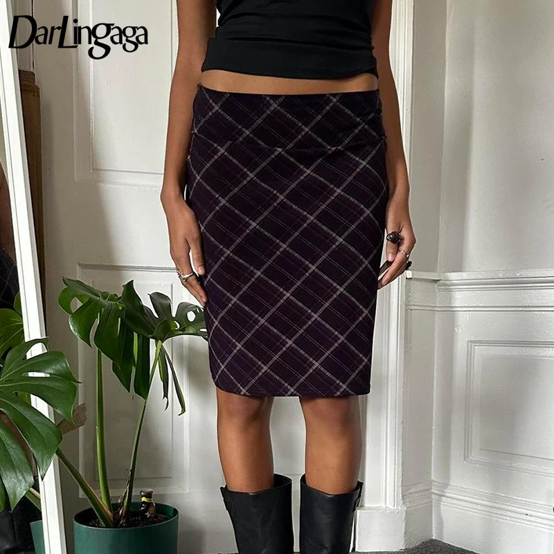 

Darlingaga Fashion Vintage Low Rise Plaid Skirt Women Straigh Chic Elegant 2000s Aesthetic Midi Skirt Outfits Harajuku Bottoms